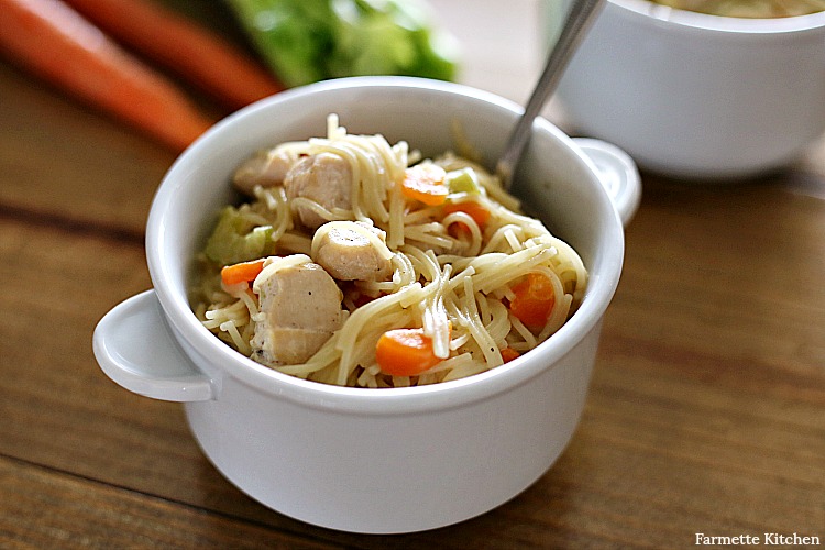 white bowl of Instant Pot Chicken Noodle Soup