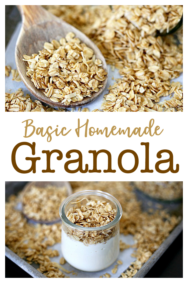 This Basic Homemade Granola Recipe only requires six ingredients and can easily be customized with nuts or dried fruits. Eat this buttery, coconut granola plain or as a topping for yogurt.