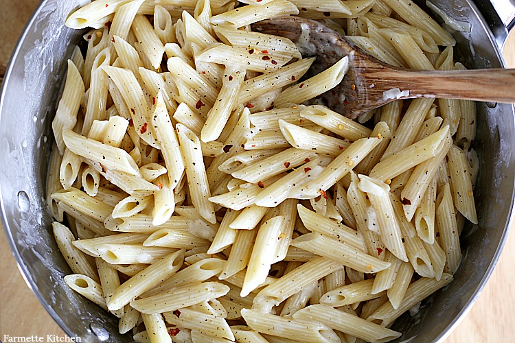 homemade Alfredo sauce on penne pasta