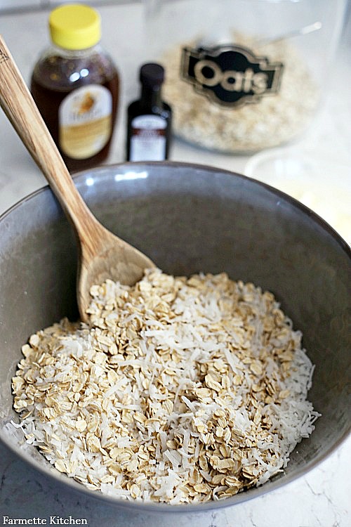 coconut granola in a mixing bowl