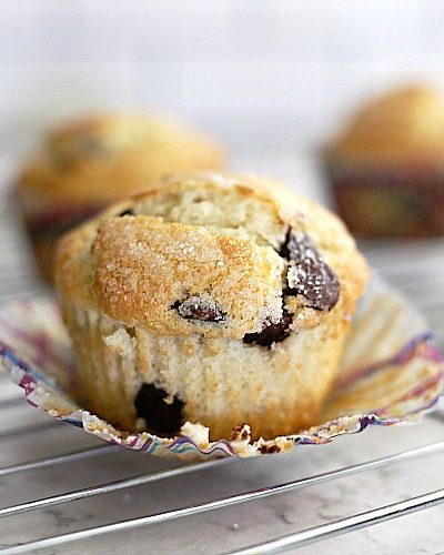 These small batch Chocolate Chip Muffins come together easily in one bowl to make six moist, chocolatey, slightly sweet muffins.