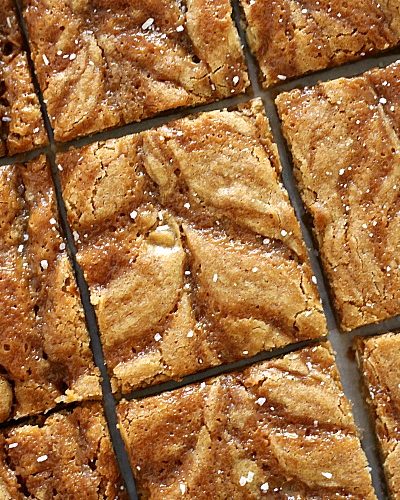 close up of salted caramel blondies cut into uniform squares