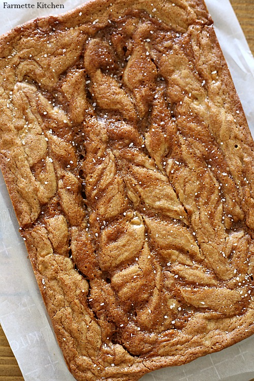 batch of salted caramel blondies directly out of the pan without being cut