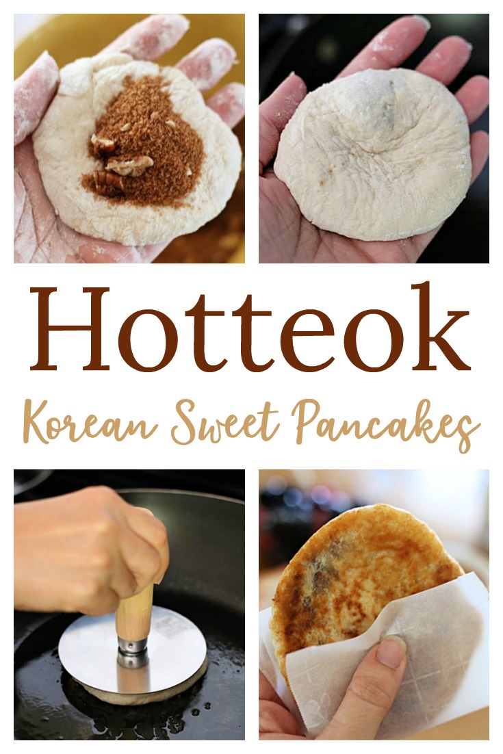 Hotteok (호떡), a popular street food snack in Korea, consists of fried dough filled with brown sugar, cinnamon, and nuts. I like to use pecans instead of walnuts or peanuts in my Korean pancake recipe. Enjoy these sweet treats while they are hot and fresh!
