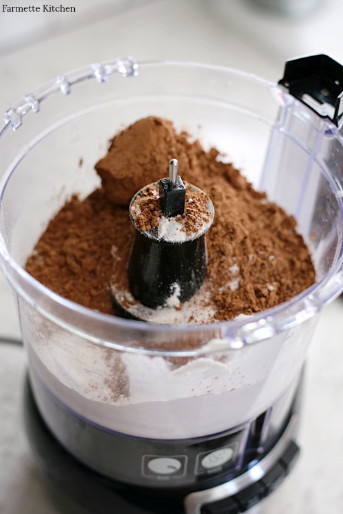 flour and cocoa in a food processor 