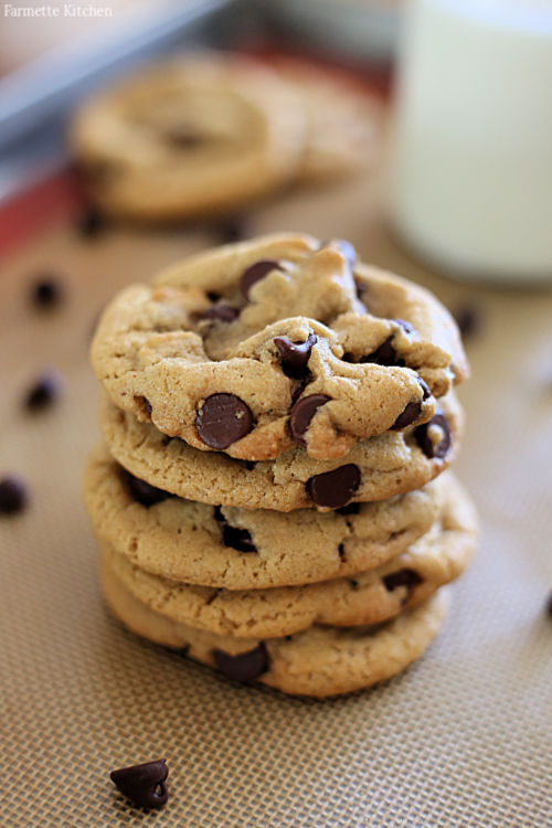 chocolate chip cookies stacked together