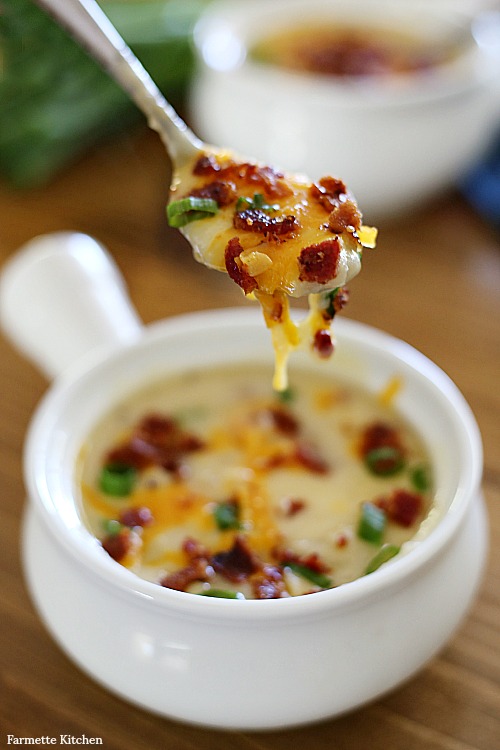 spoonful of potato soup from a bowl