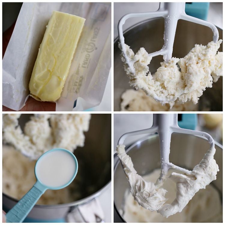 adding softened butter and milk to a mixing bowl