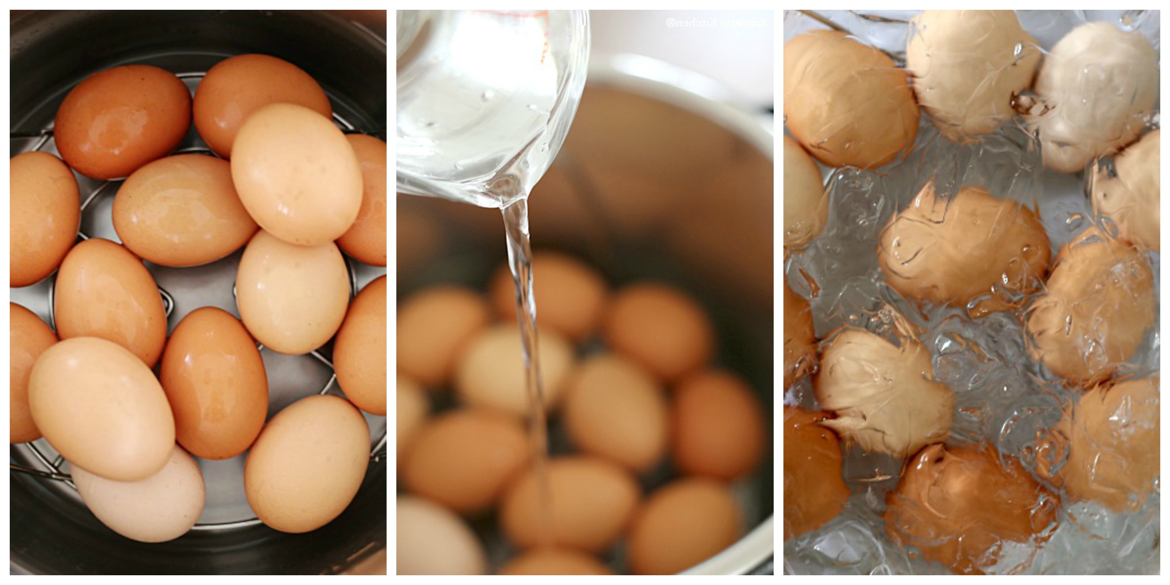 eggs in a pressure cooker, adding water to a pressure cooker, eggs in an ice bath