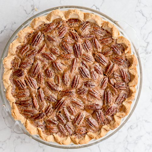 overhead image of a baked pecan pie