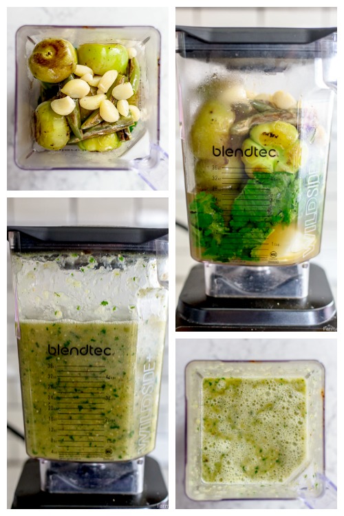 roasted tomatillo salsa ingredients in a blender