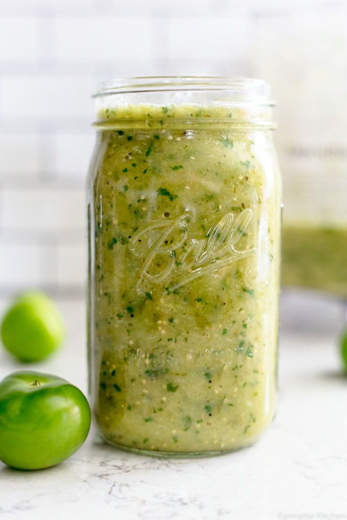 Jar of roasted tomatillo salsa