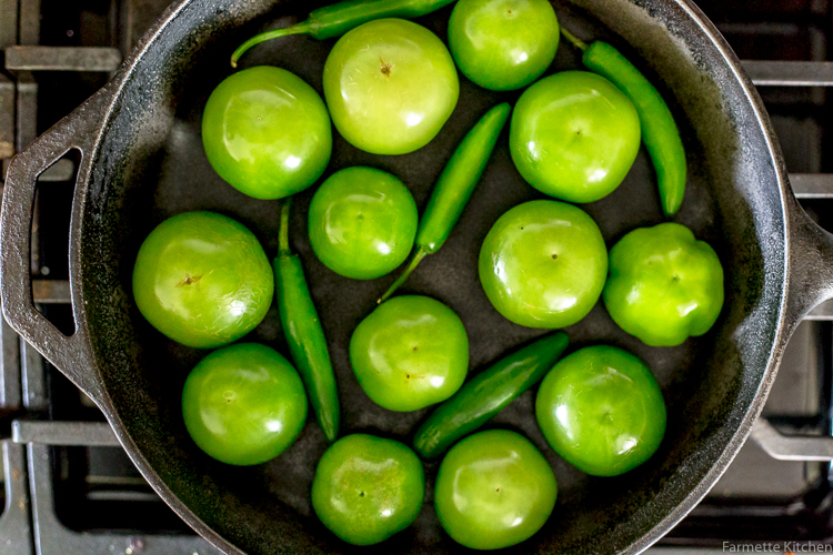 tomatillos in a cast iron skillet