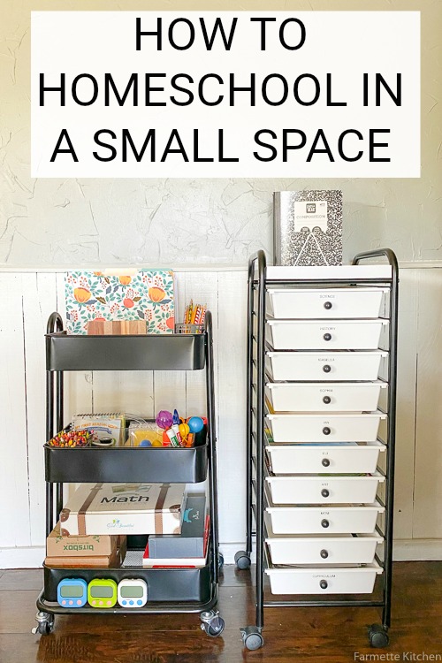 Homeschool Organization for Small Spaces doesn't have to be a challenge when you are selective about the products you use and don't go overboard with things you don't need!  We homeschool at our kitchen table and use just two rolling carts to hold our homeschool supplies.