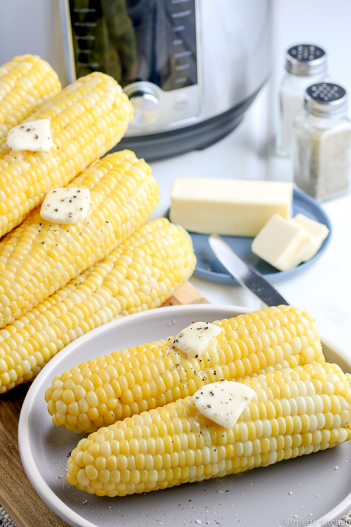 corn on a plate in front of a pressure cooker