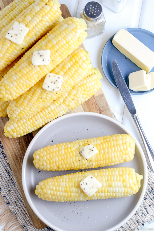 two ears of corn on a blue plate