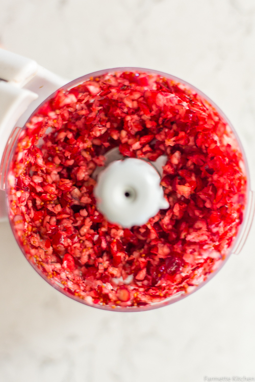 chopped cranberries in a food proccesor