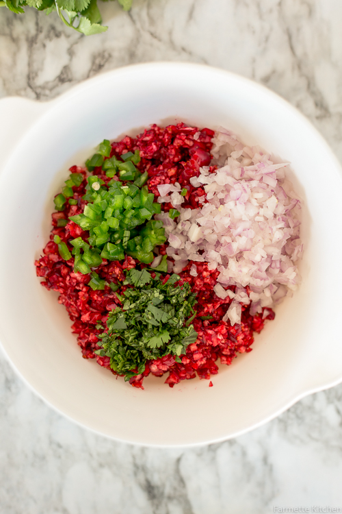 bowl of chopped cranberries, jalapenos, onion, and cilantro