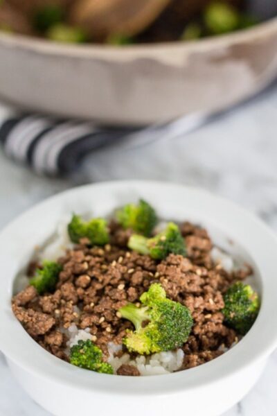 bowl of ground beef and broccoli