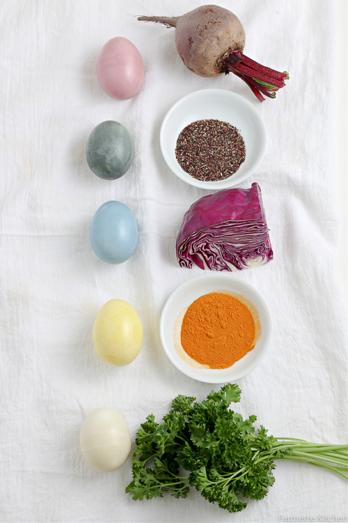 dyed eggs beside natural ingredients