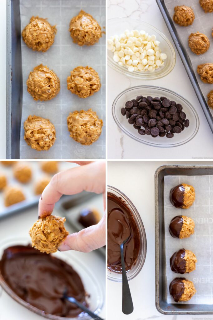 collage of different steps to make peanut butter balls with rice krispies