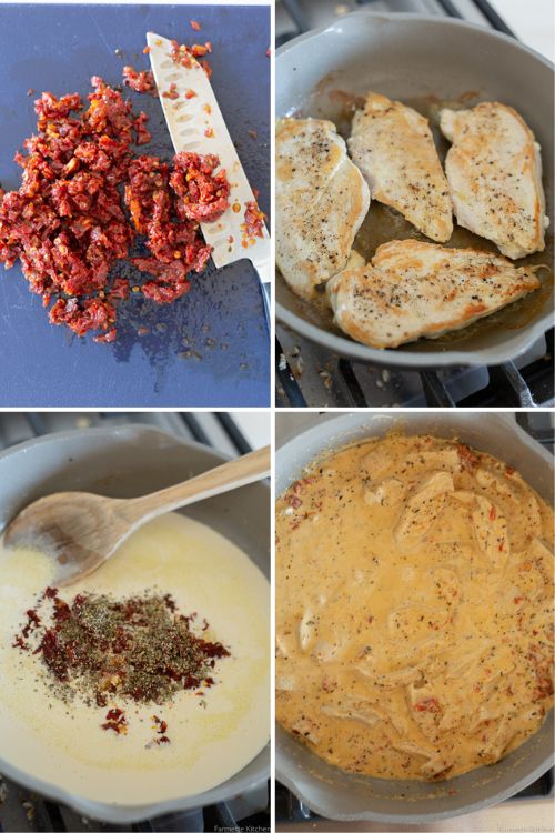 a collage of steps to make tuscan chicken pasta including chopped sun-dried tomatoes, chicken browned in a skillet, cream sauce with Italian seasoning in a skillet, and the finished dish in a skillet