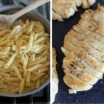 skillet filled with cooked penne pasta and browned chicken breast sliced on a cutting board